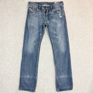 Diesel Larkee Jeans Men 31x32 Blue Straight Leg Distressed Thrashed Button Fly
